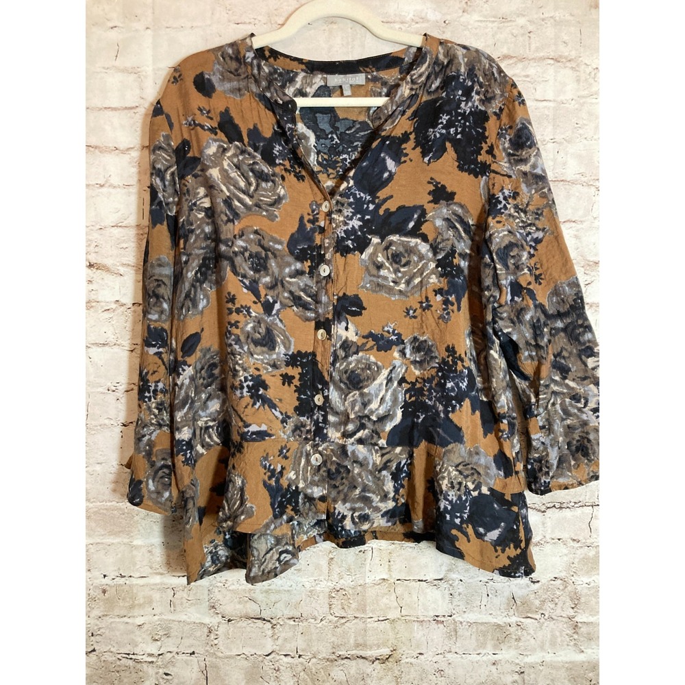 Habitat Top Womens Large Black Brown Dark Romantic Florals Artsy Boho Ruffle Hem